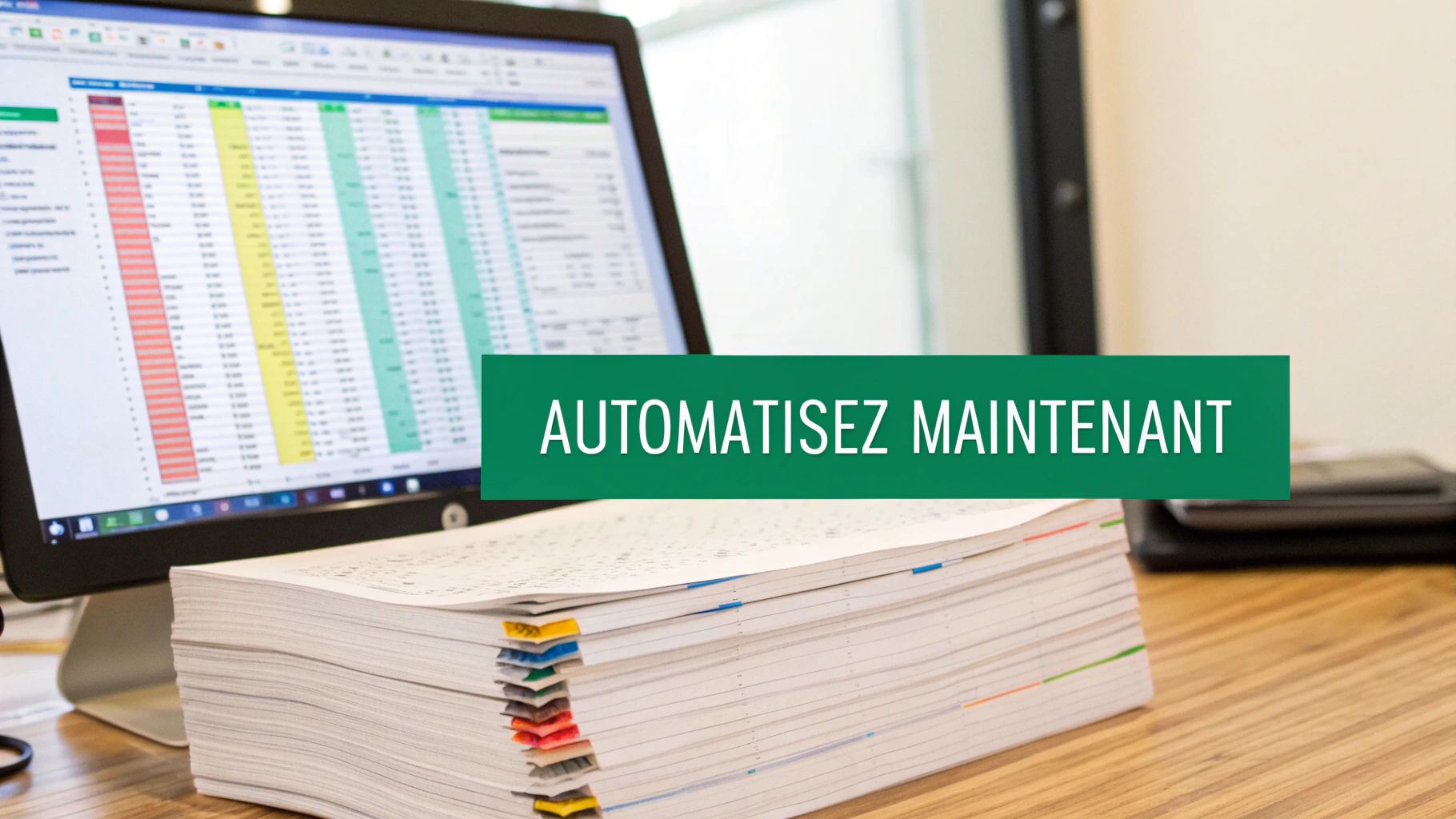 Écran d'ordinateur affichant un tableur, une pile de documents avec onglets et la bannière "AUTOMATISEZ MAINTENANT".