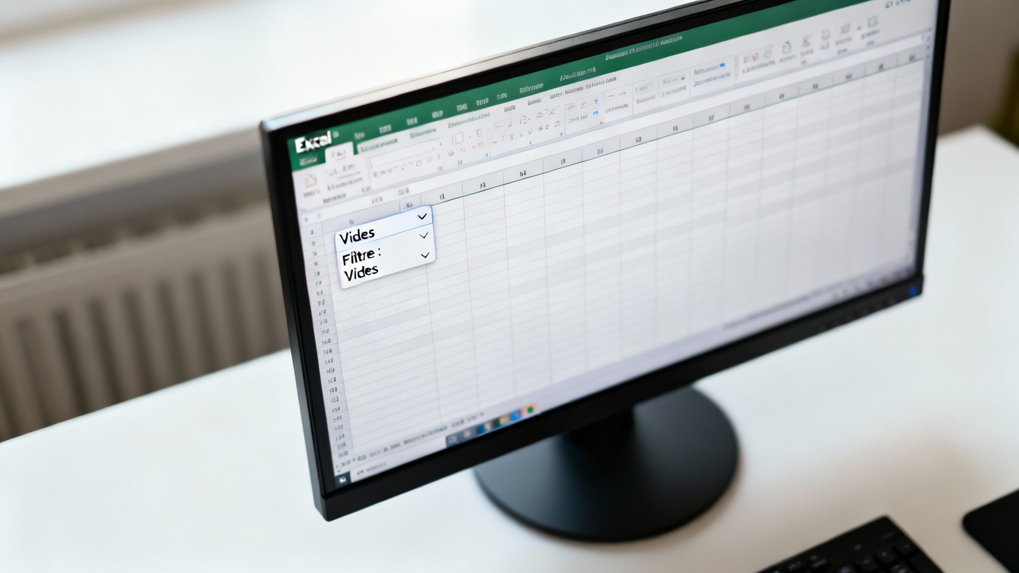 Un écran d'ordinateur affiche une feuille de calcul Excel avec un menu déroulant montrant les options 'Vides' et 'Filtre: Vides'.