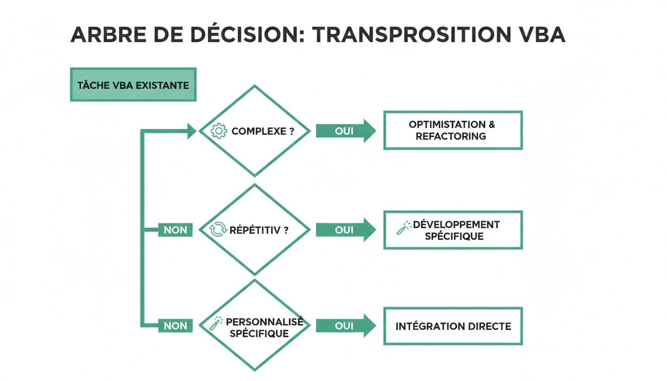 Arbre de décision illustrant le processus de transposition des tâches VBA existantes, avec optimisation, développement spécifique ou intégration directe.