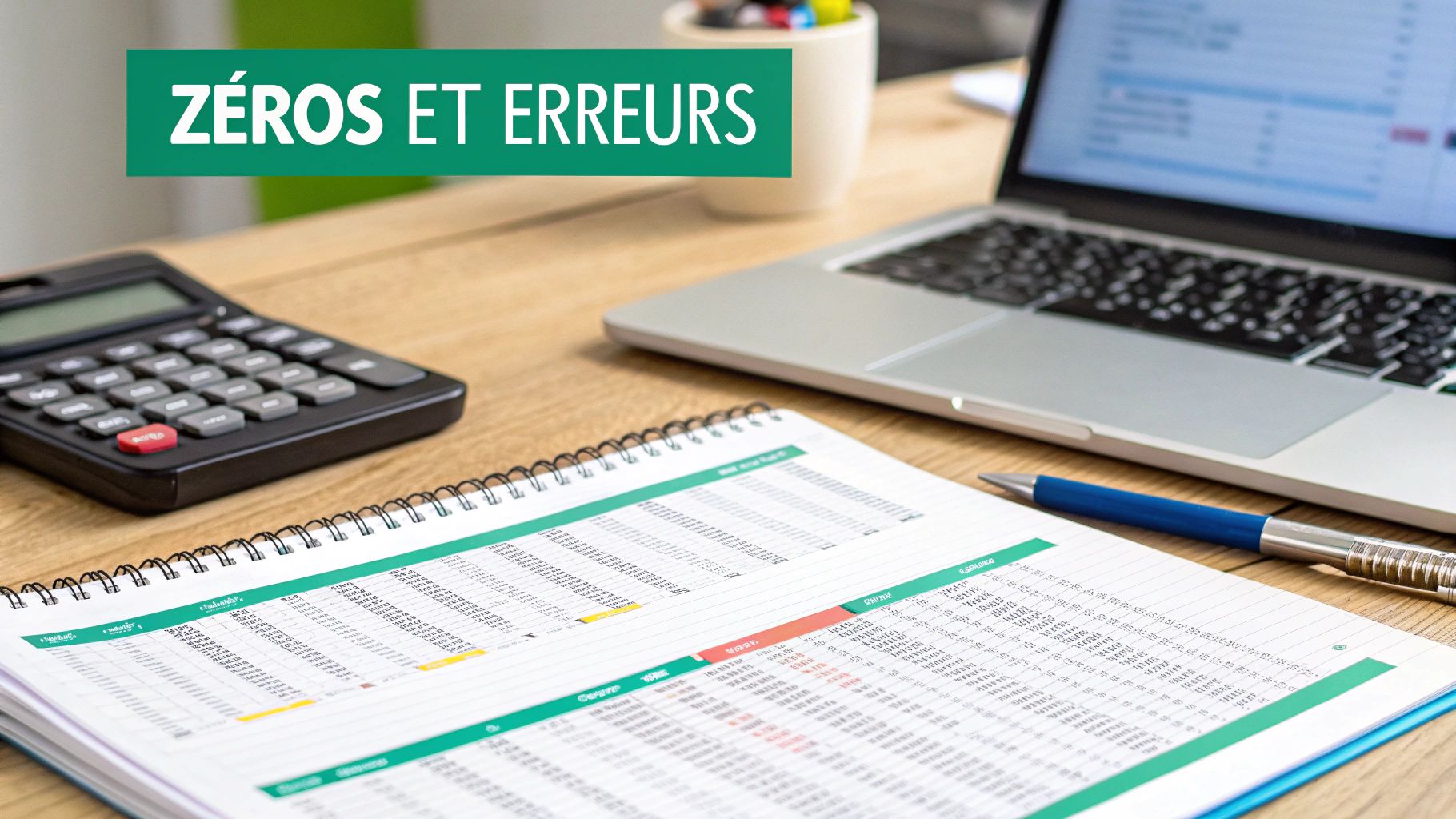 Bureau avec calculatrice, ordinateur portable et cahier de tableur, sur le thème ZÉROS ET ERREURS.