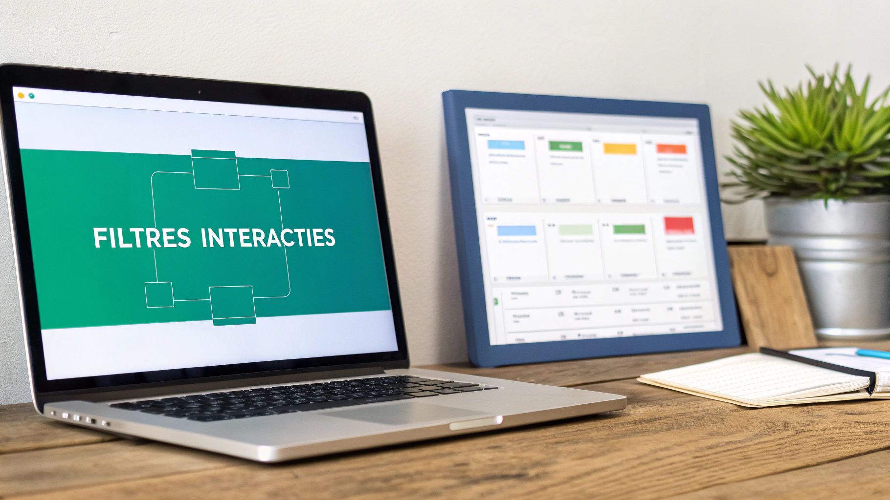 Ordinateur portable et tablette sur un bureau en bois, affichant des données et des filtres interactifs pour l'analyse.