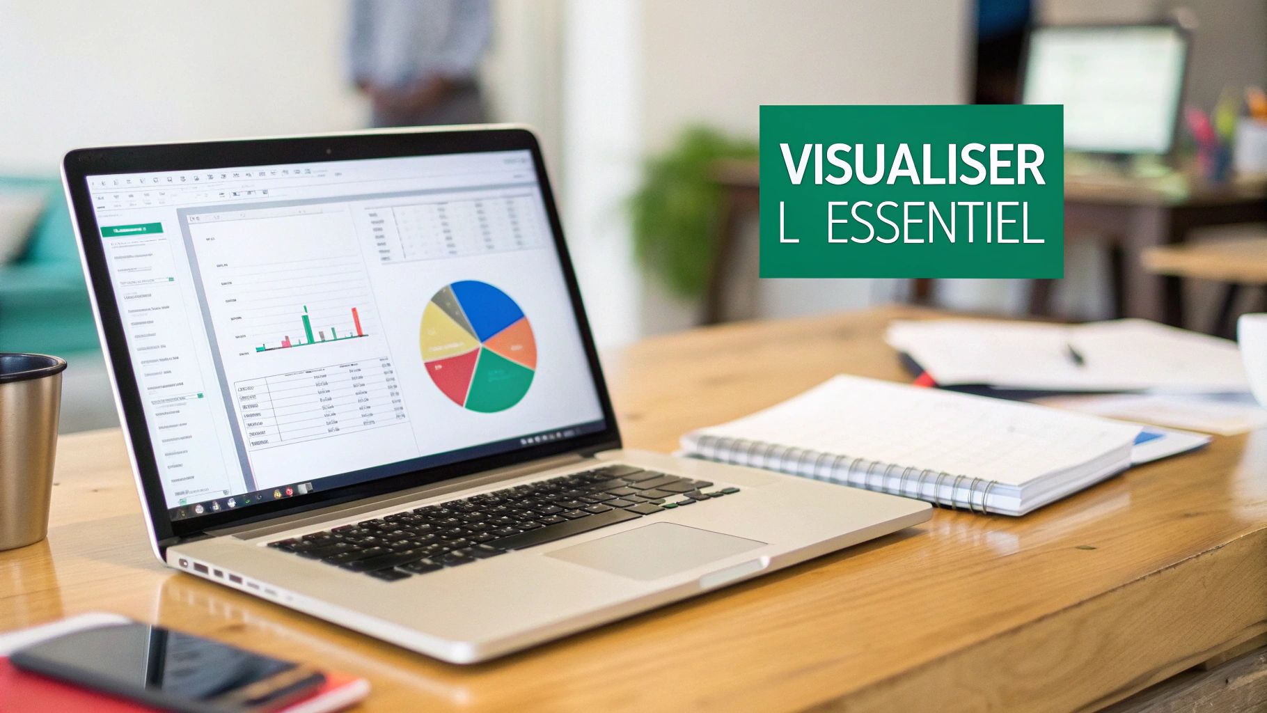 Ordinateur portable affichant des graphiques Excel et un tableau de données sur une table en bois avec un carnet. Texte: VISUALISER L'ESSENTIEL.