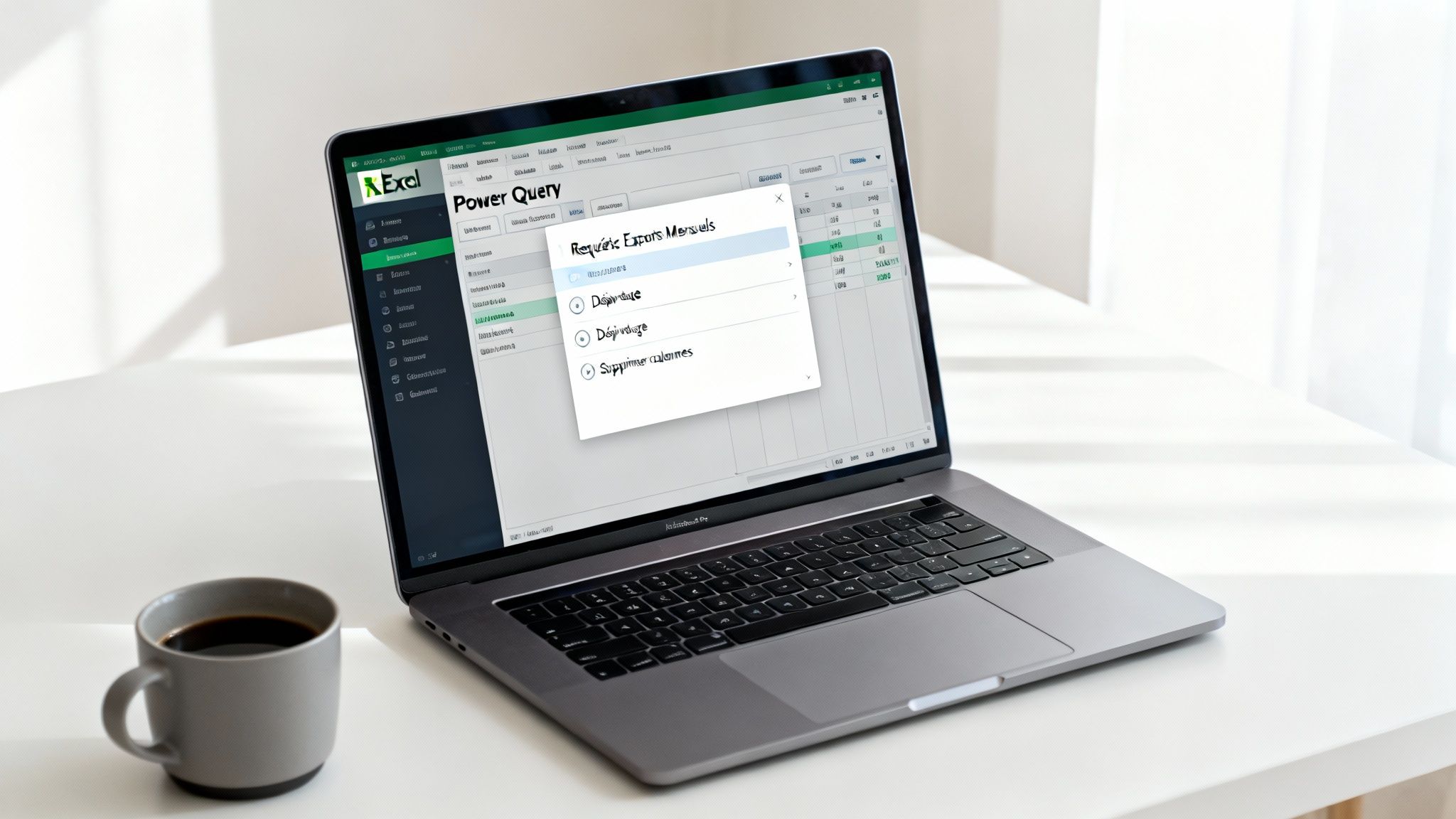 Ordinateur portable affichant Excel Power Query avec un menu d'options sur un bureau blanc, à côté d'une tasse de café.