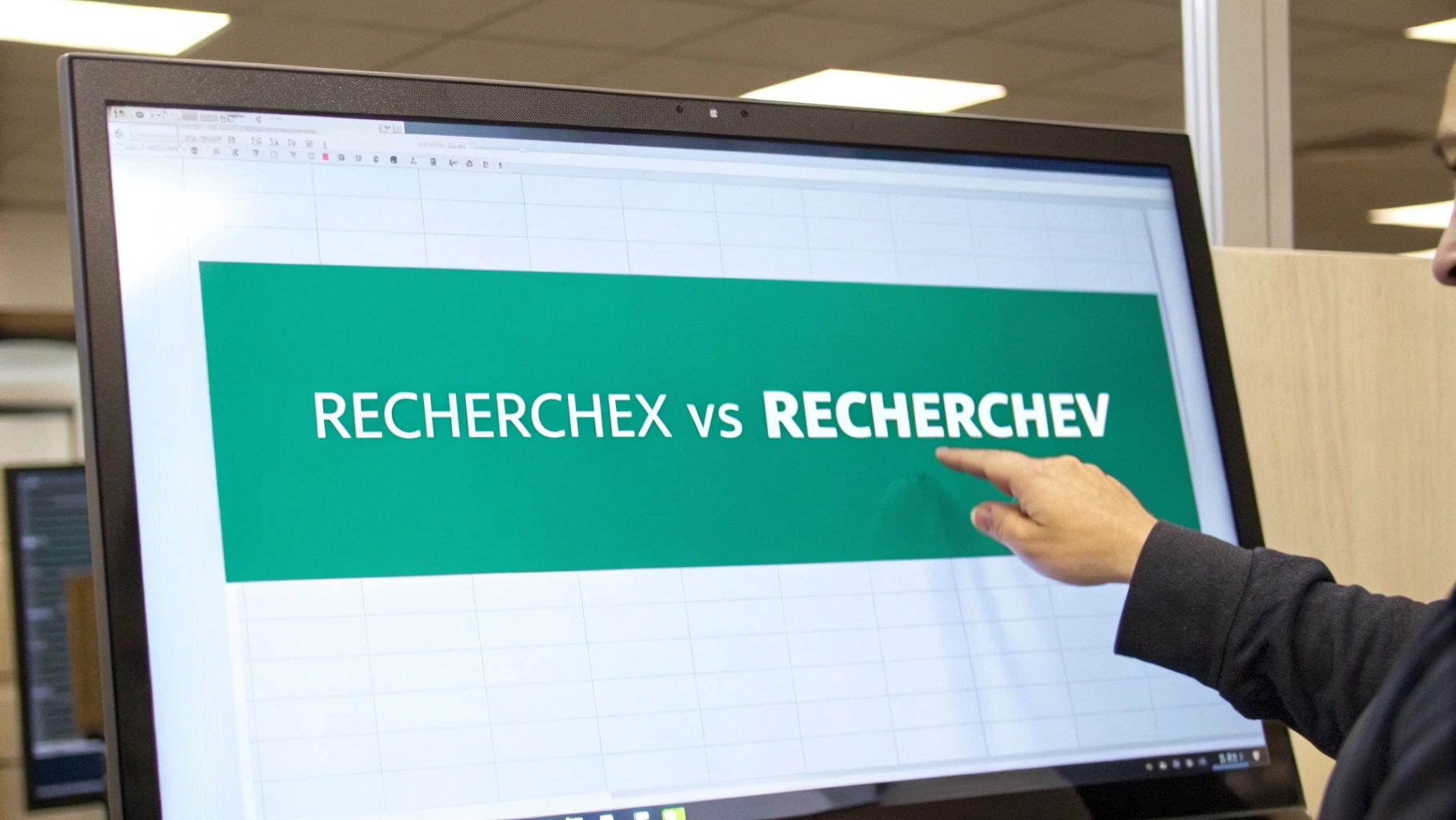 Une personne pointe un écran d'ordinateur affichant 'RECHERCHEX vs RECHERCHEV' dans une feuille de calcul.