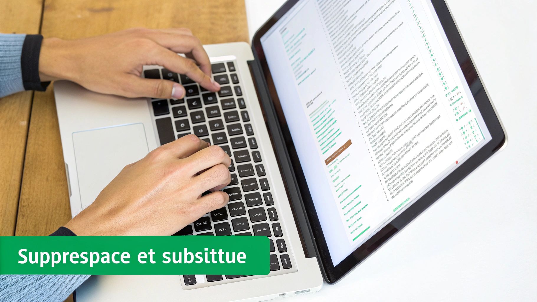 Une personne tape sur un ordinateur portable, son écran affichant du code ou du texte, avec une bannière verte en bas.