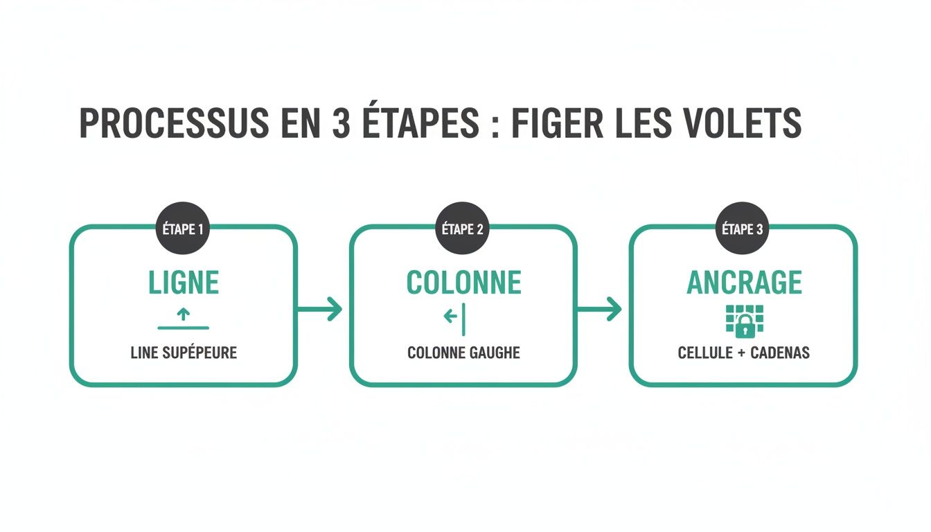 Diagramme expliquant en trois étapes comment figer les volets dans un logiciel de feuille de calcul.