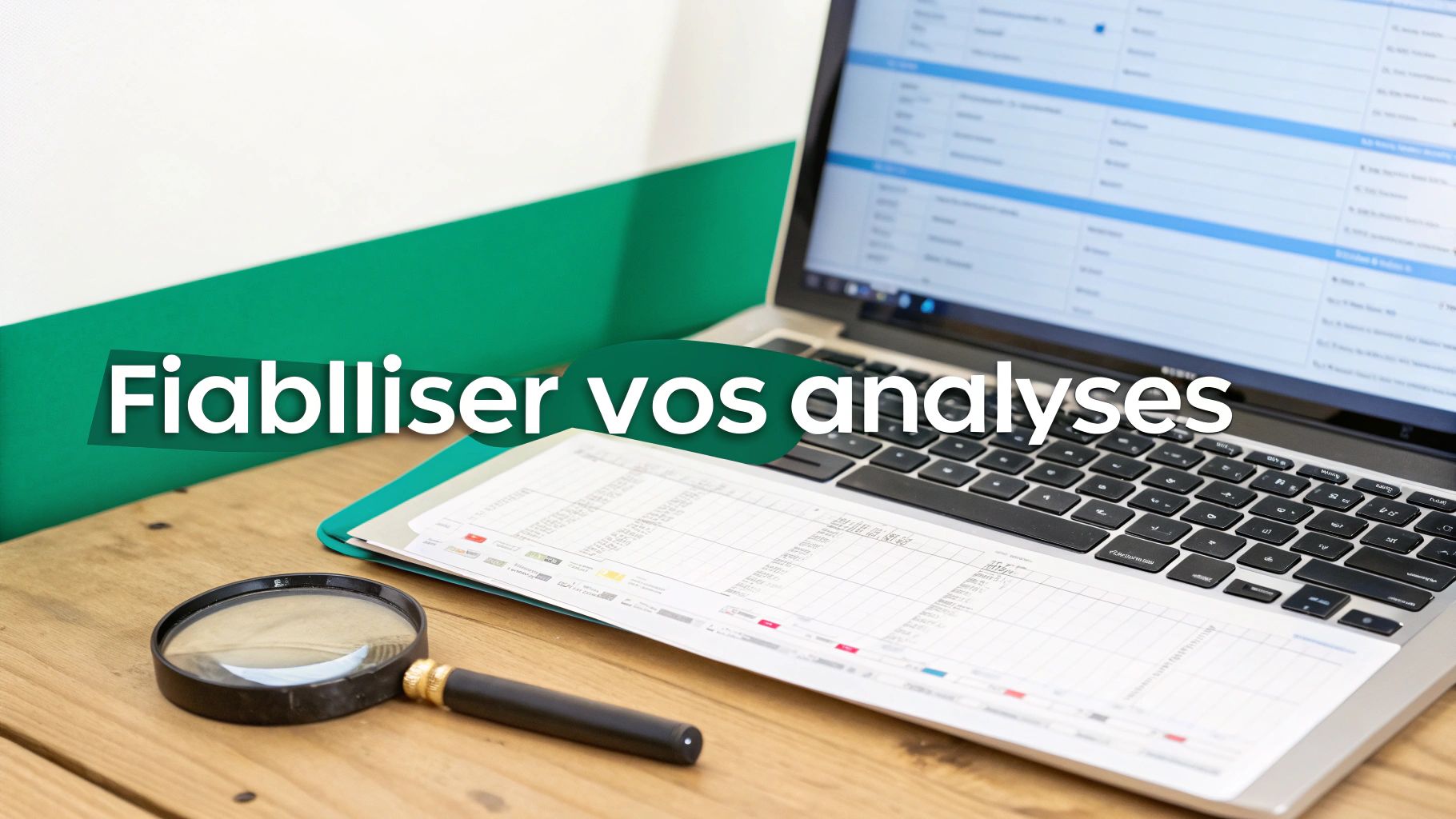 Ordinateur portable, documents, loupe et texte « Fiabiliser vos analyses » sur un bureau en bois, évoquant l'analyse de données.