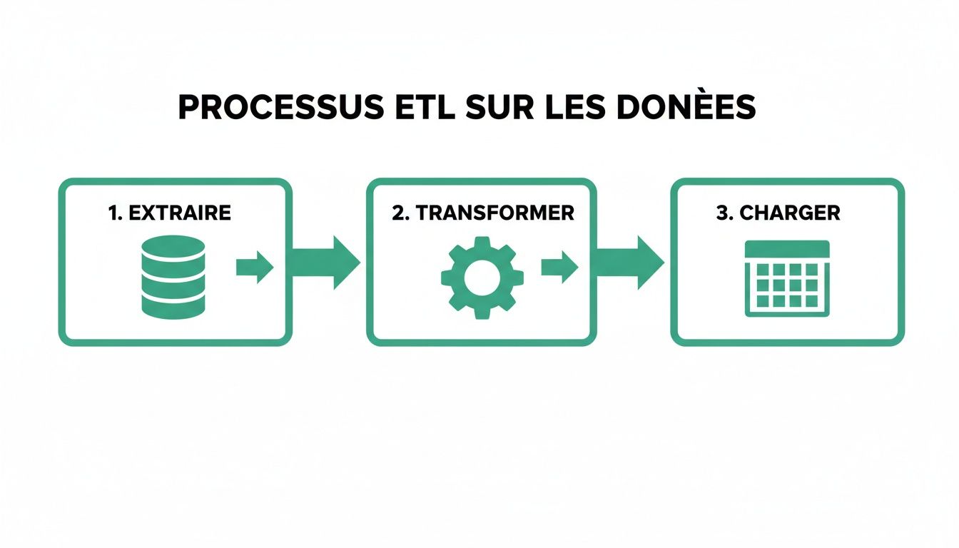 Diagramme du processus ETL (Extraire, Transformer, Charger) sur les données, illustrant les étapes de l'intégration de données.