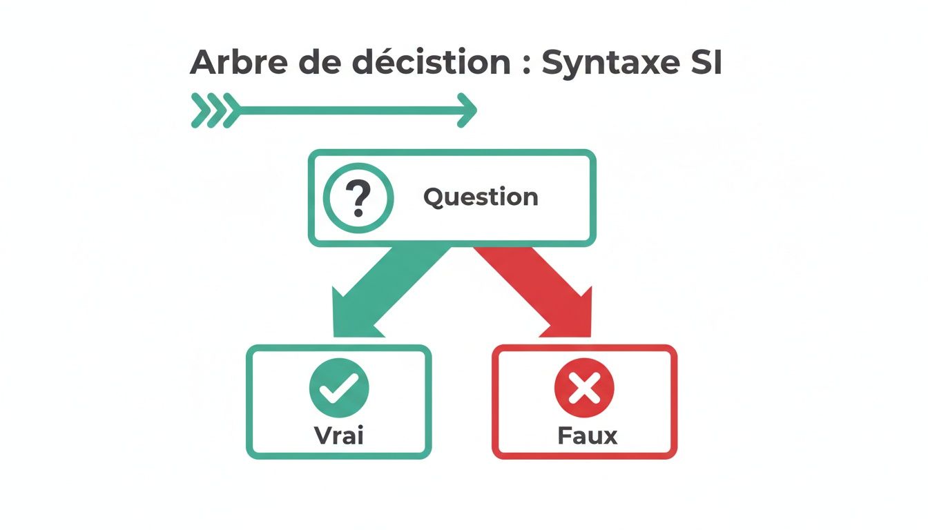 Diagramme d'arbre de décision illustrant la syntaxe SI avec une question, puis les options Vrai ou Faux.