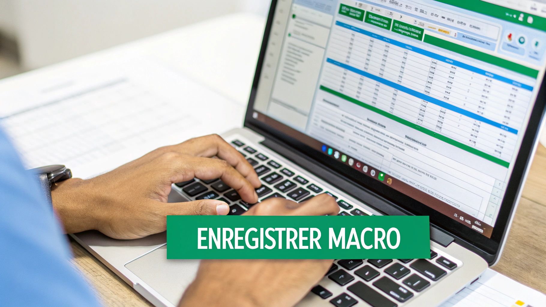Une personne saisit des données sur un ordinateur portable affichant une feuille de calcul Excel, avec l'option 'Enregistrer Macro' visible.