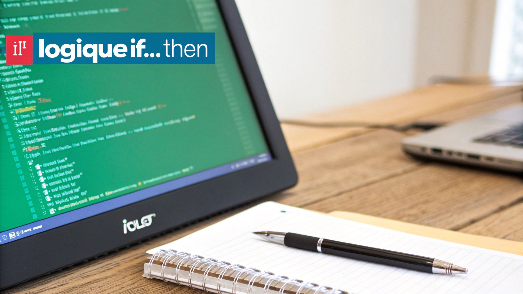 Écran d'ordinateur affichant du code, carnet de notes et stylo sur un bureau en bois, avec le texte "logique if...then".