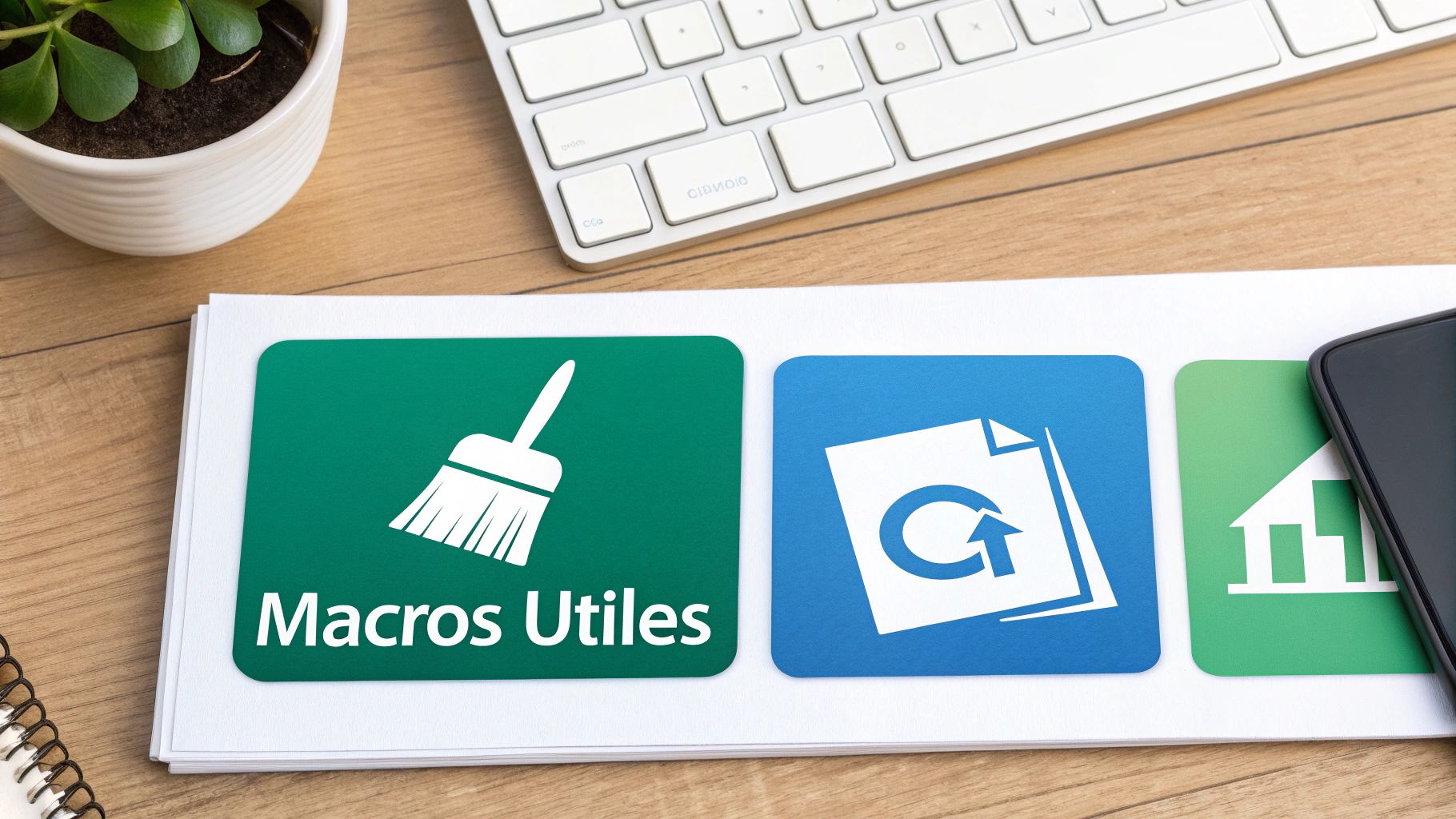 Trois icônes d'applications sur des documents : balai "Macros Utiles", rafraîchissement de fichier, et statistiques immobilières.