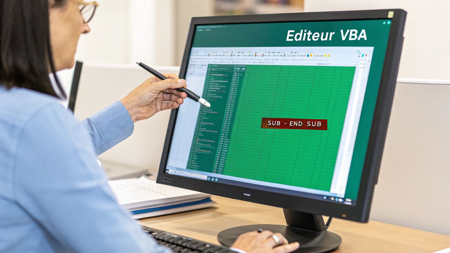 Une personne pointe un écran d'ordinateur affichant l'éditeur VBA d'Excel avec du code.