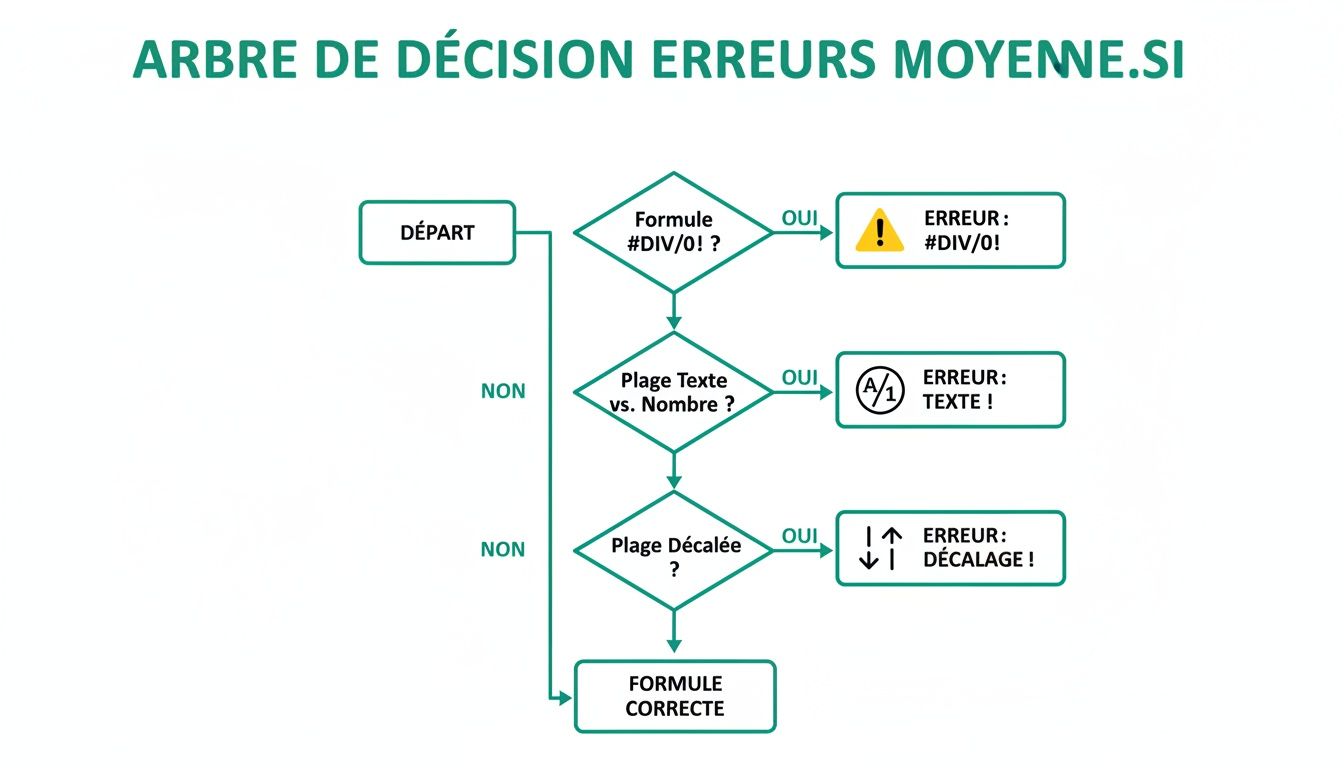 Diagramme de flux expliquant les erreurs courantes de la fonction MOYENNE.SI dans Excel, guidant l'utilisateur vers la résolution.