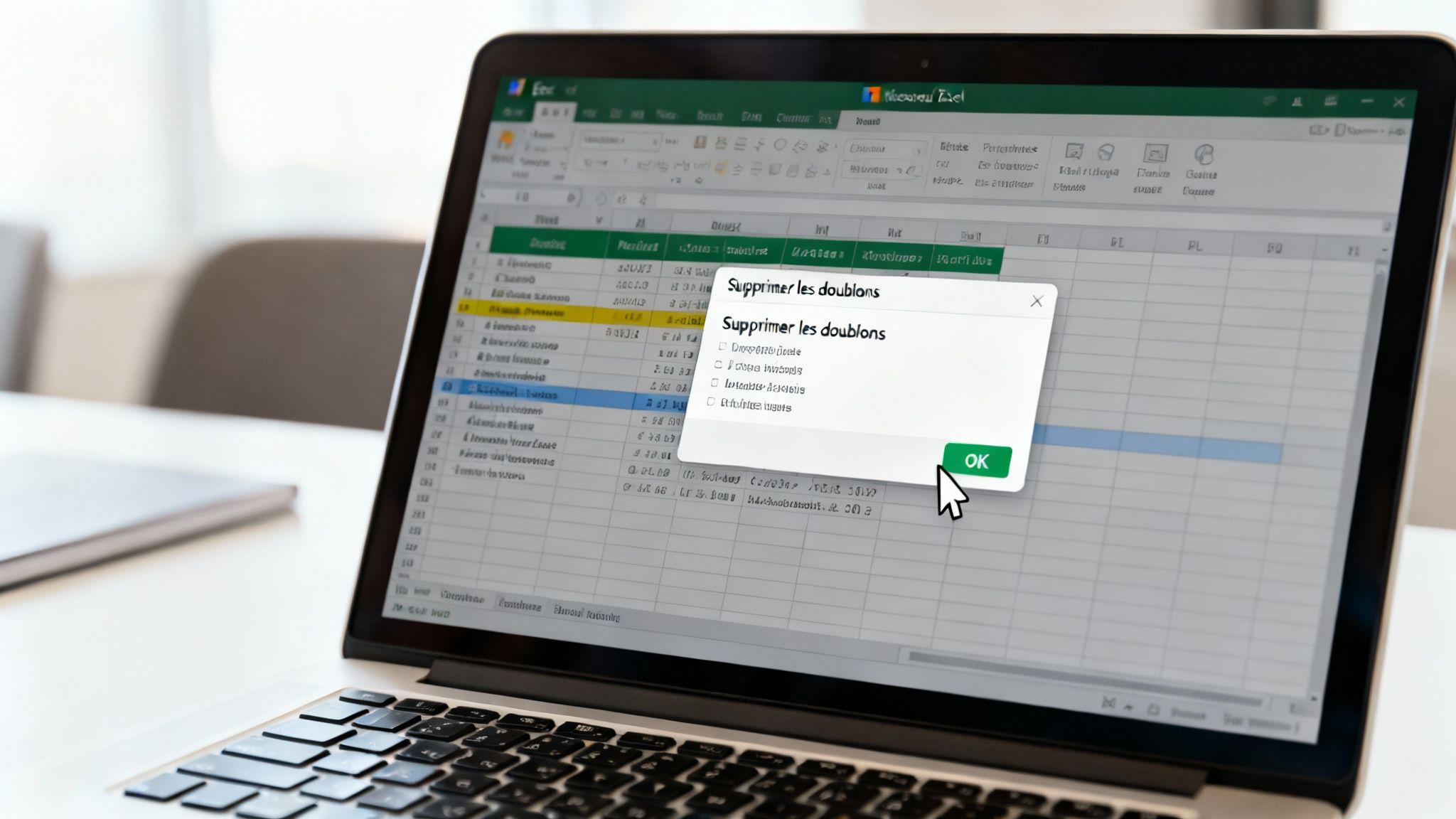 Ordinateur portable affichant une feuille de calcul Excel avec une boîte de dialogue 'Supprimer les doublons' et un curseur de souris.