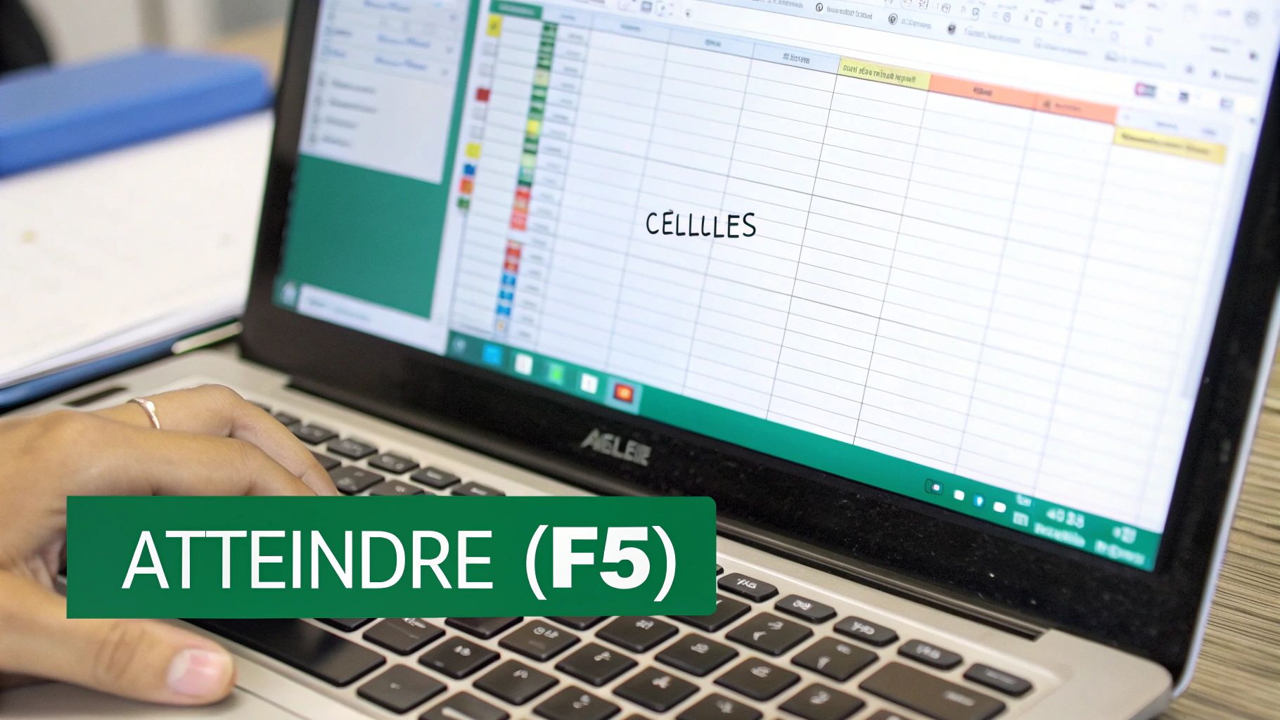 Personne utilisant un ordinateur portable avec un tableau Excel affichant 'CELLULES' et la commande 'ATTEINDRE (F5)'.