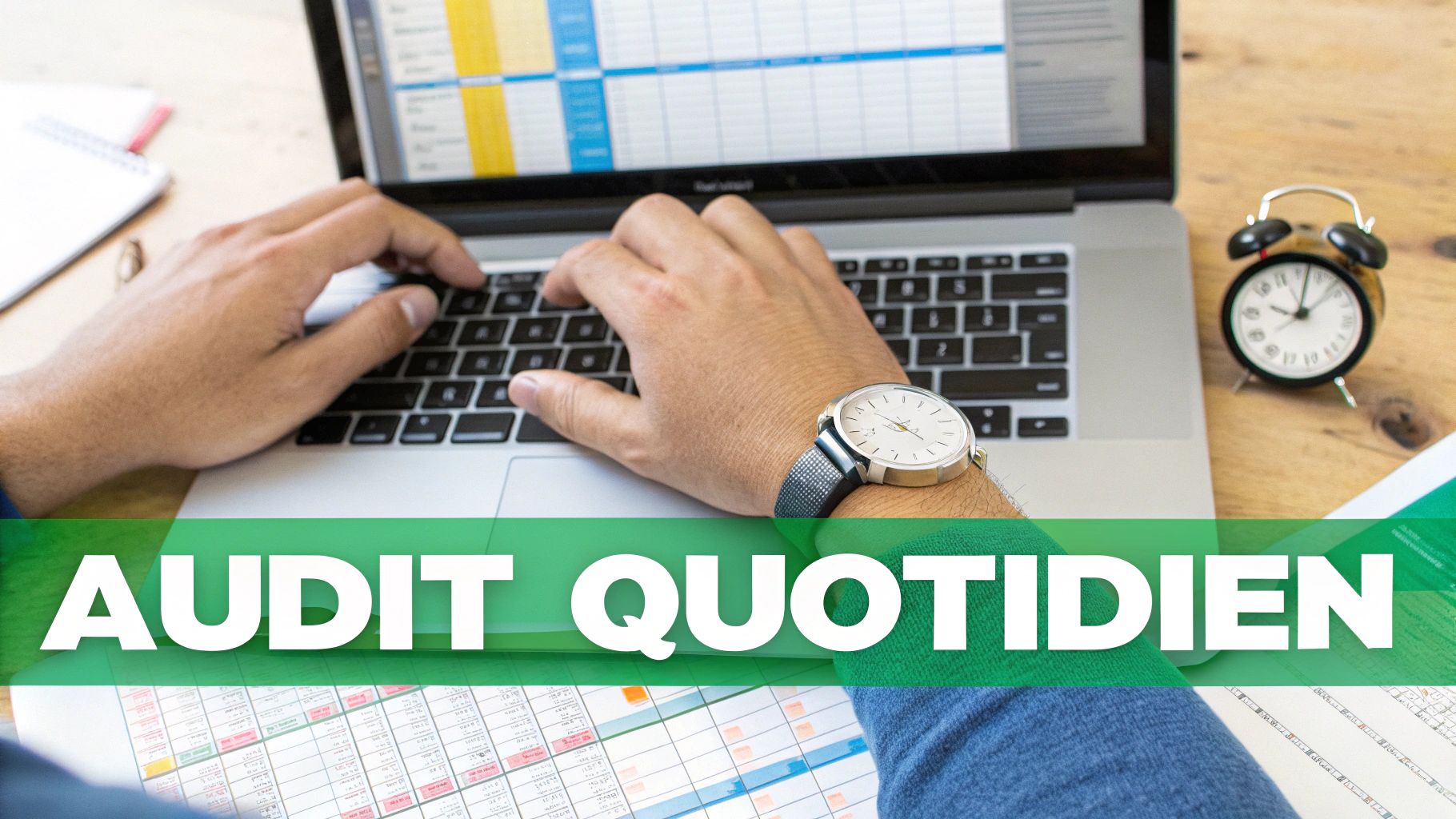 Gros plan sur une personne tapant sur un ordinateur portable, avec une montre et un réveil à côté. Le texte "AUDIT QUOTIDIEN" est superposé.