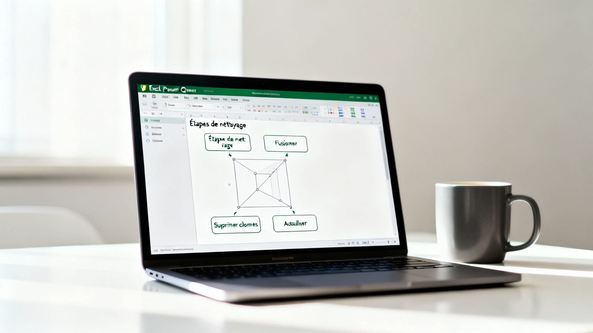 Ordinateur portable affichant un diagramme d'étapes de nettoyage dans Excel sur un bureau blanc avec une tasse de café.