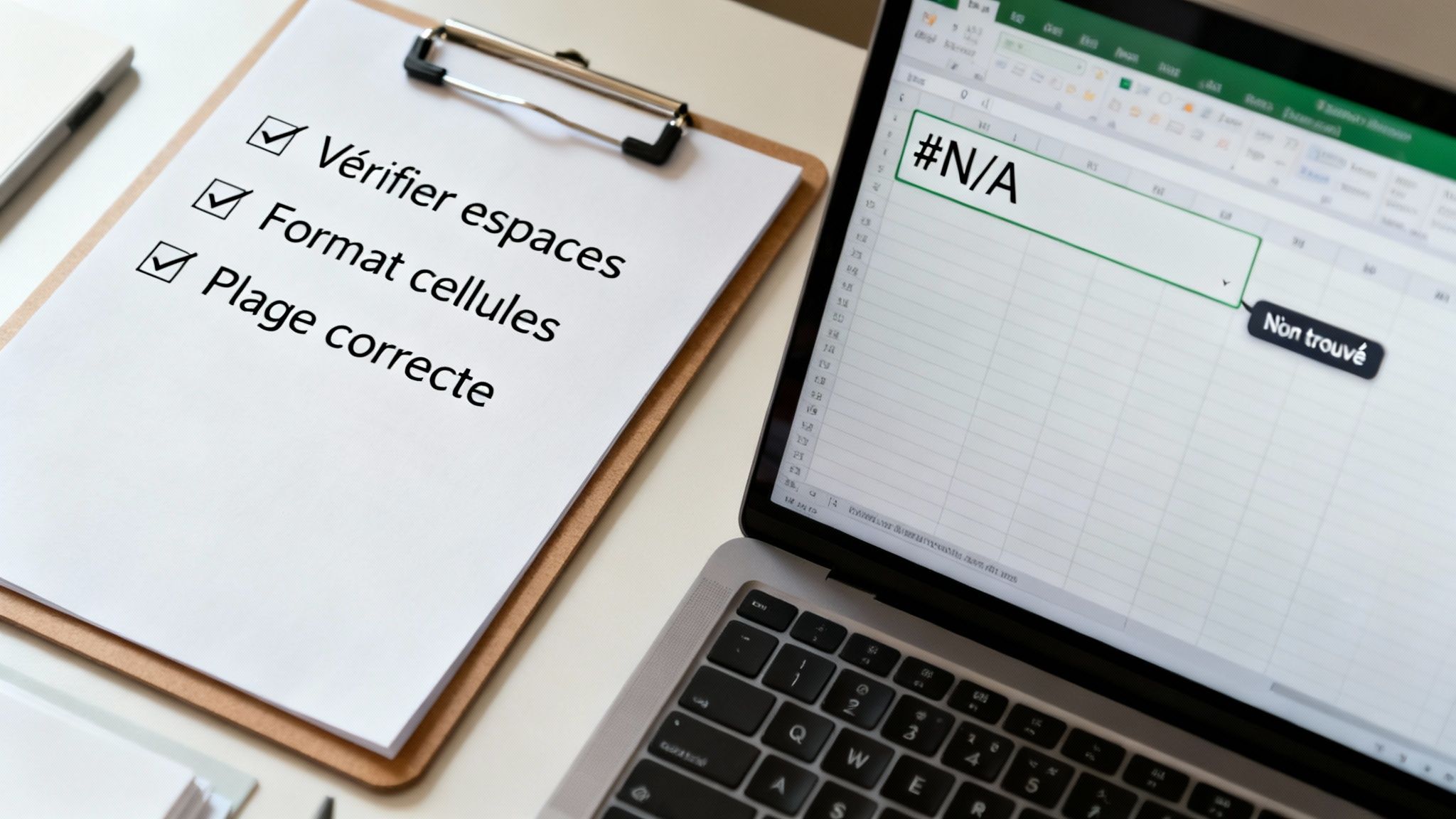 Une liste de contrôle des tâches pour vérifier les données et un écran d'ordinateur portable affichant une erreur Excel.