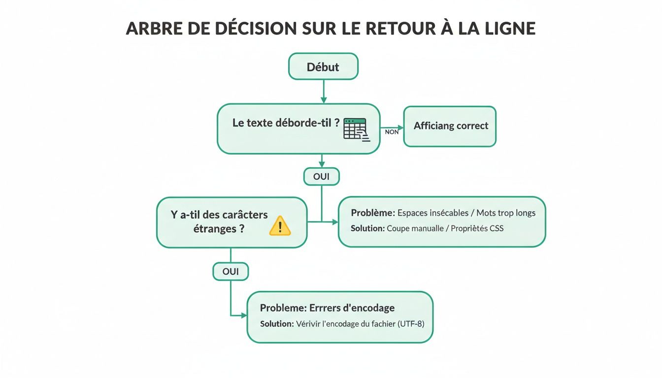 Arbre de décision expliquant comment gérer les retours à la ligne, incluant des problèmes de texte qui déborde, d'espaces insécables et d'erreurs d'encodage.