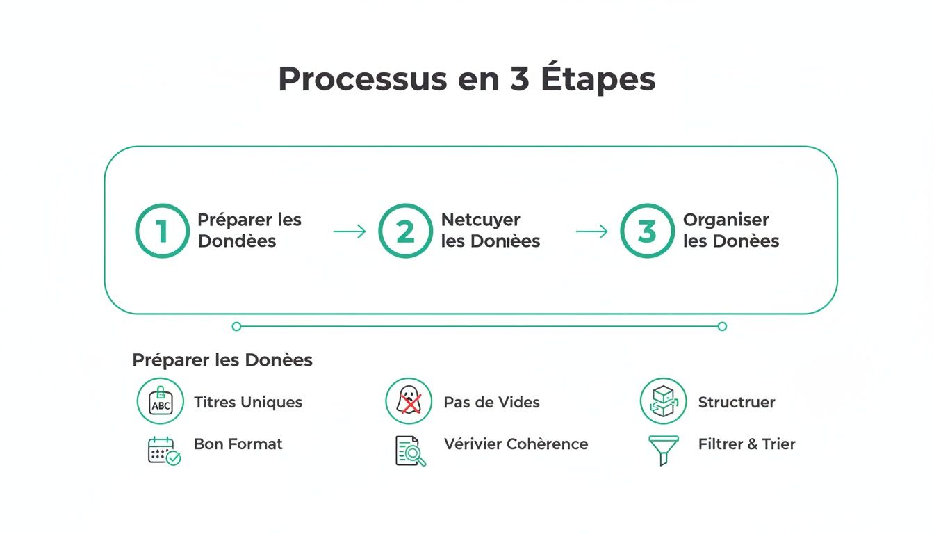 Infographie décrivant un processus en 3 étapes pour la gestion des données: préparation, nettoyage et organisation.