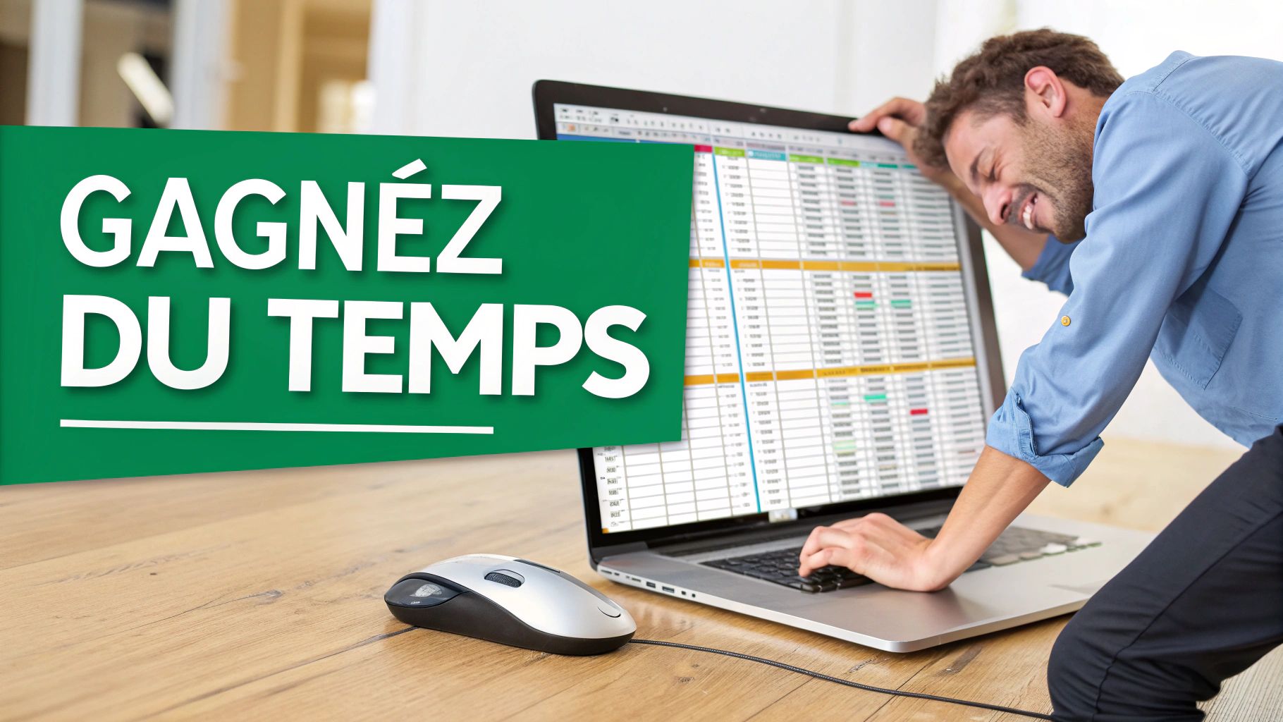 Homme frustré devant un ordinateur portable affichant un tableur complexe, avec le message "GAGNEZ DU TEMPS".