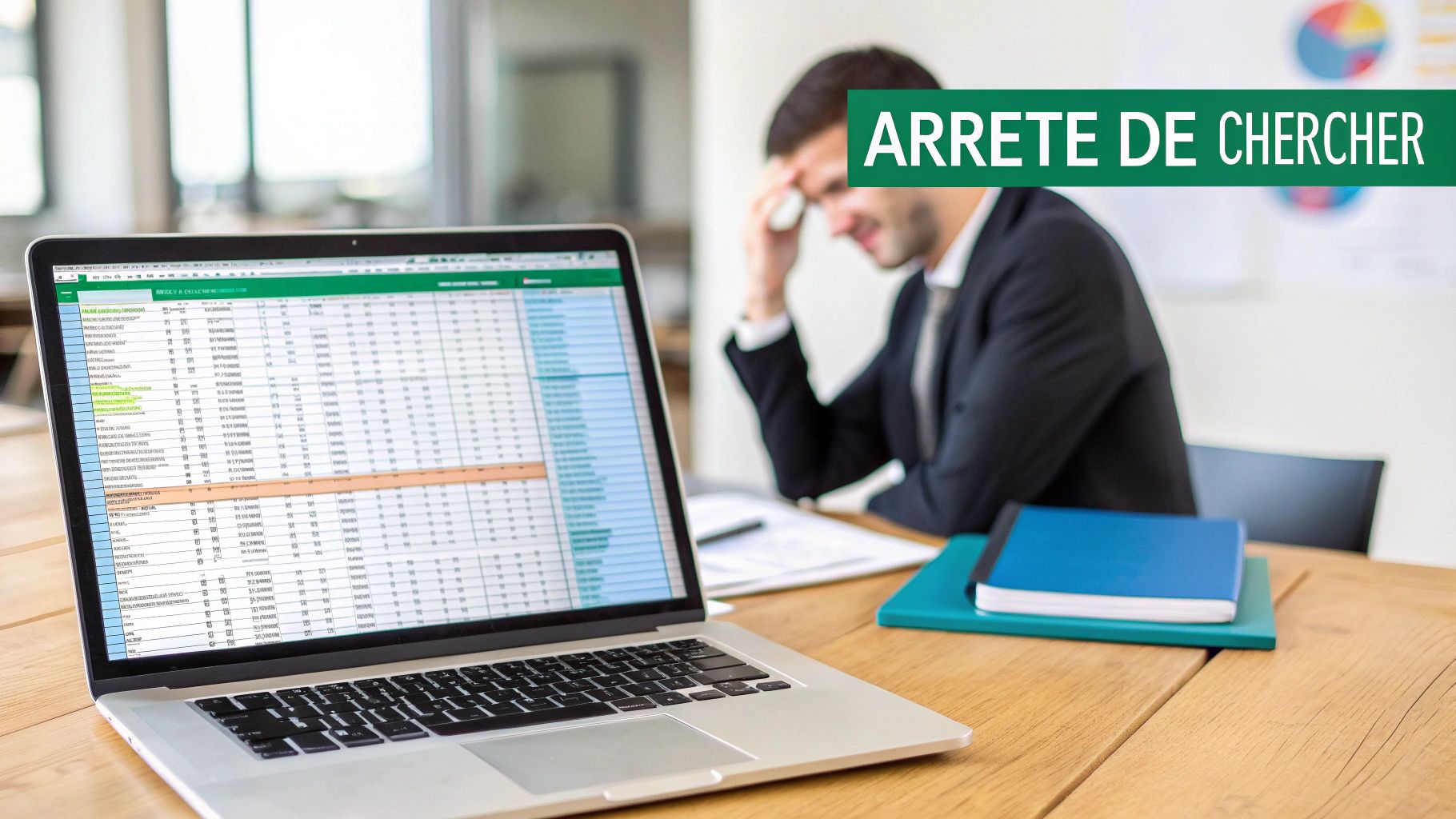 Un homme stressé devant un ordinateur portable affichant un tableau Excel, avec le texte "Arrête de chercher".