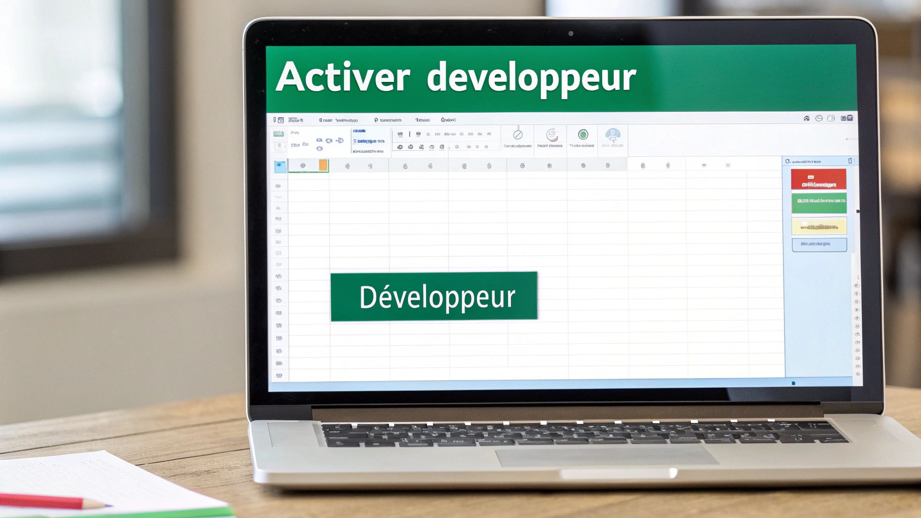 Écran d'ordinateur portable affichant l'option « Activer développeur » dans un tableur, avec le bouton « Développeur ».