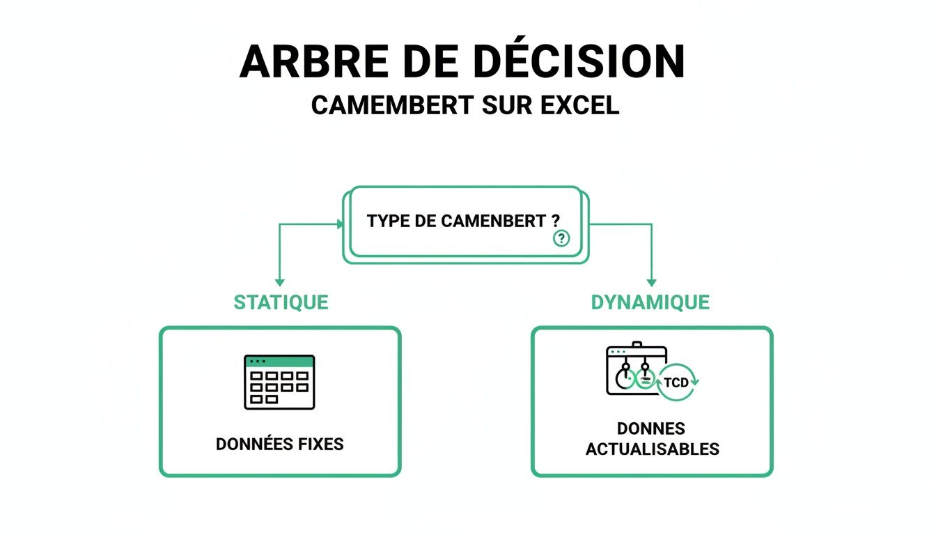 Arbre de décision expliquant les types de graphiques camembert (statique vs dynamique) et leurs données associées dans Excel.