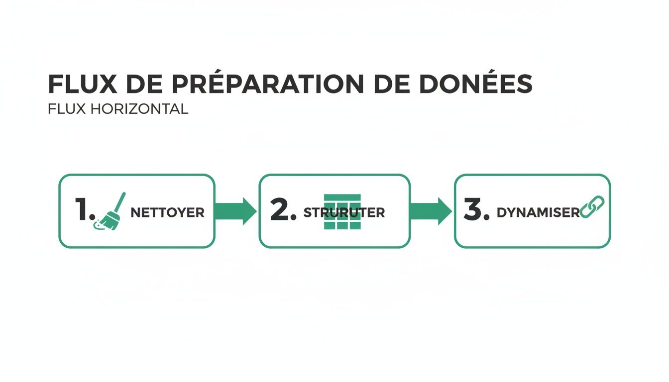 Diagramme montrant un flux horizontal de préparation de données en trois étapes : nettoyer, structurer et dynamiser.