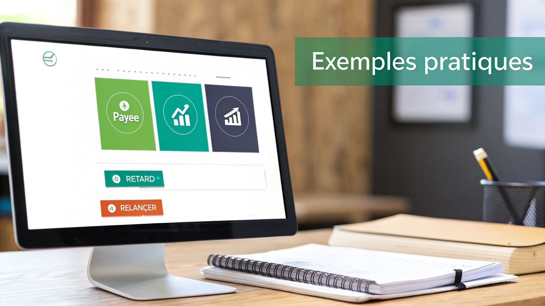 Écran d'ordinateur présentant une application de gestion des paiements avec des options de relance et de retard.