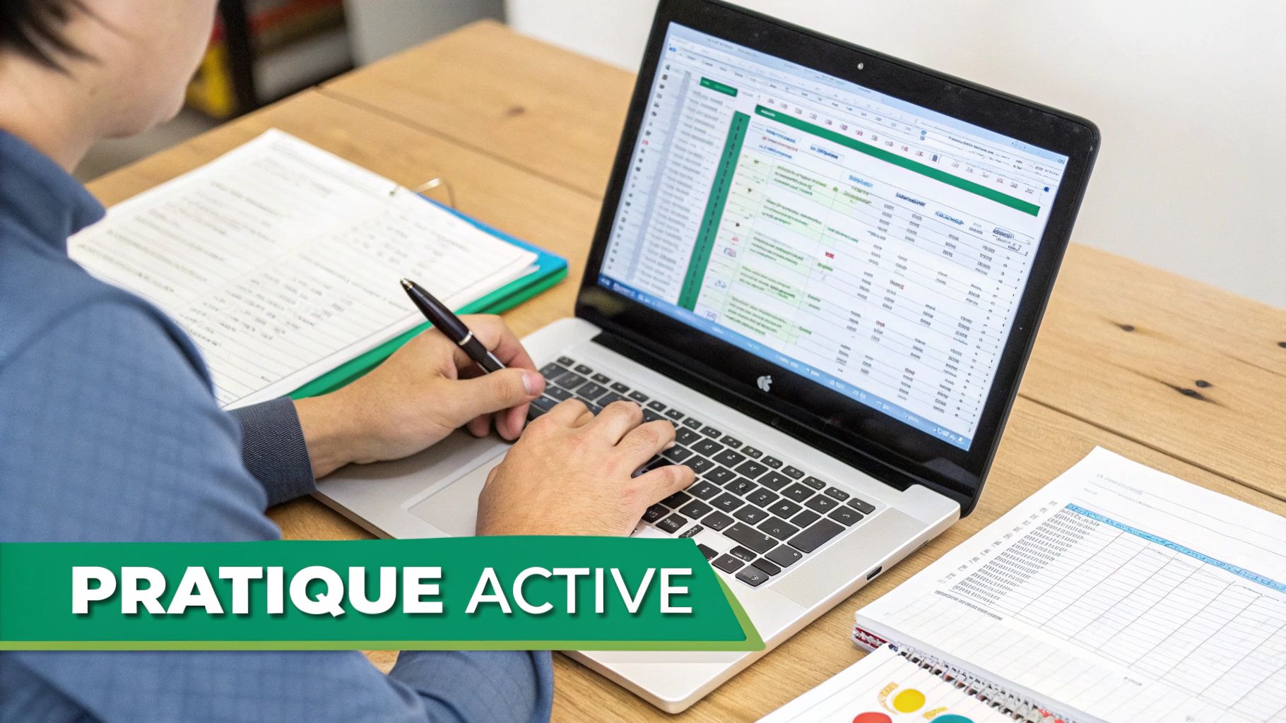 Personne utilisant un ordinateur portable avec un tableur et prenant des notes, illustrant l'apprentissage actif.