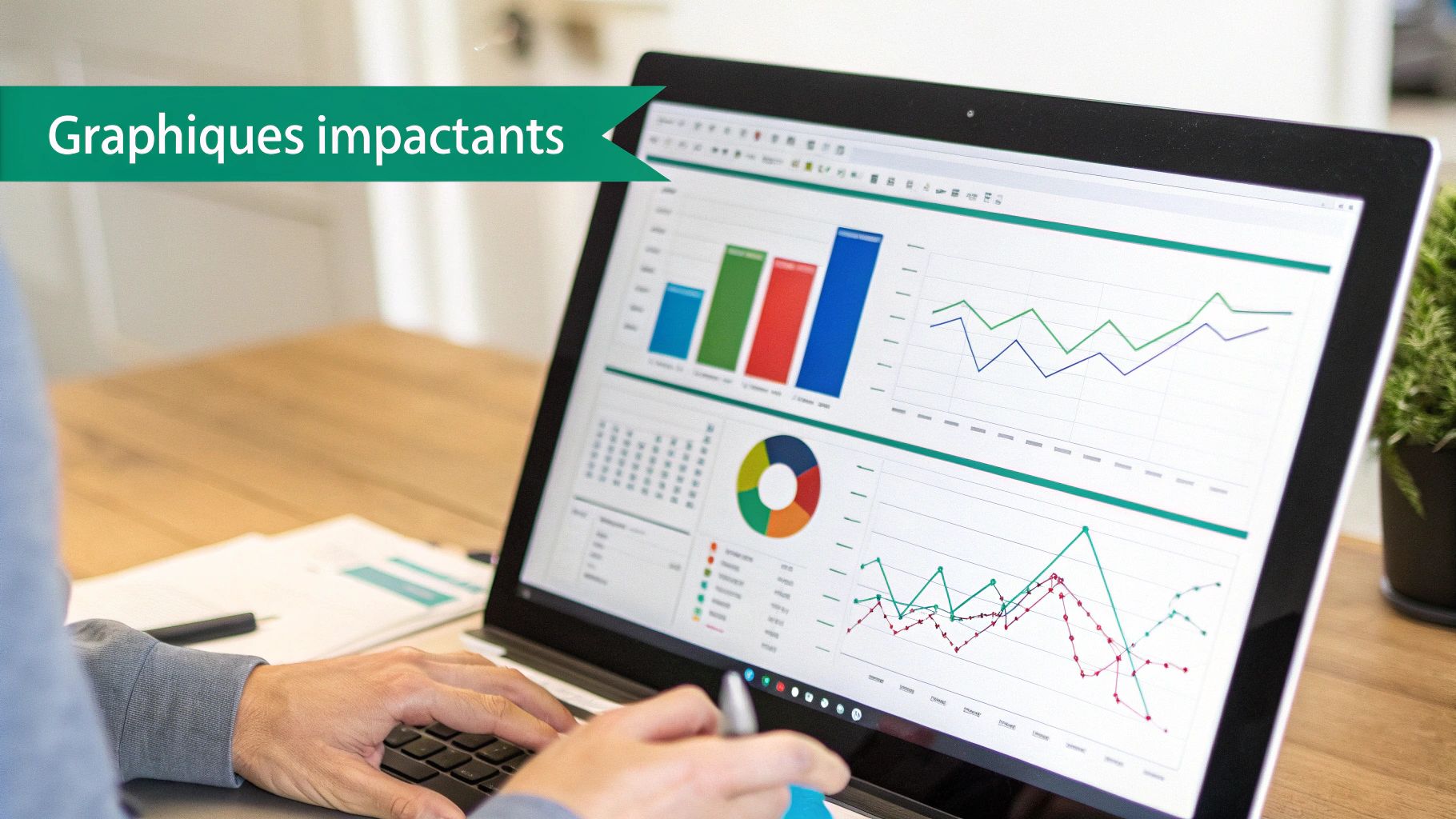 Une personne analyse des graphiques impactants et des données sur un ordinateur portable, représentant un tableau de bord RH.
