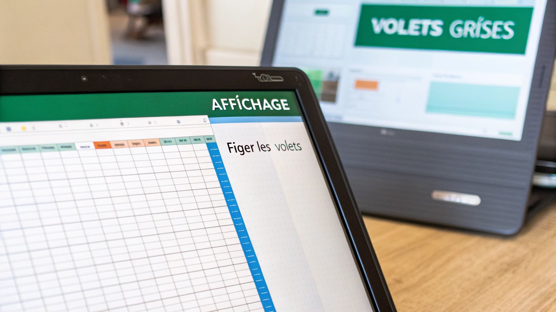 Écran d'ordinateur portable affichant une feuille de calcul avec l'option "Figer les volets" dans le menu Affichage.