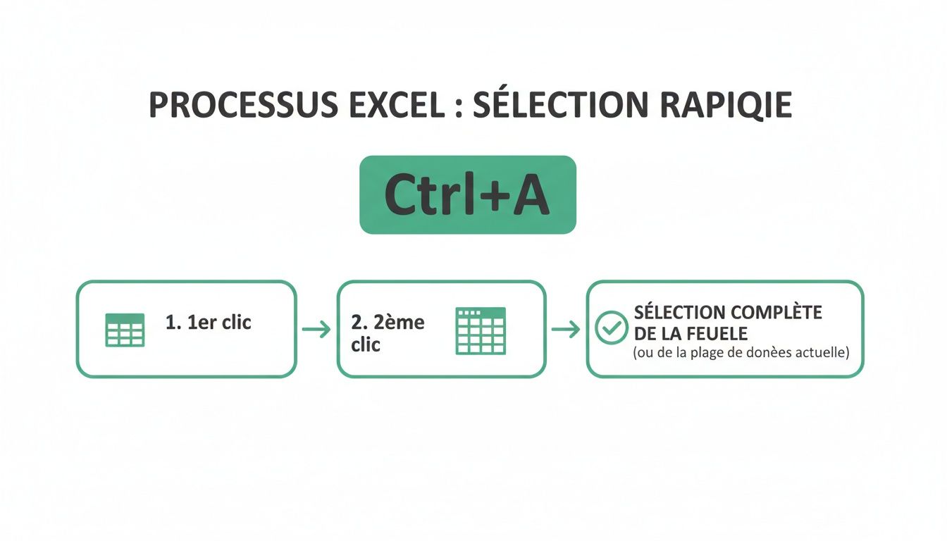 Image expliquant le processus de sélection rapide dans Excel avec Ctrl+A pour sélectionner la feuille entière.