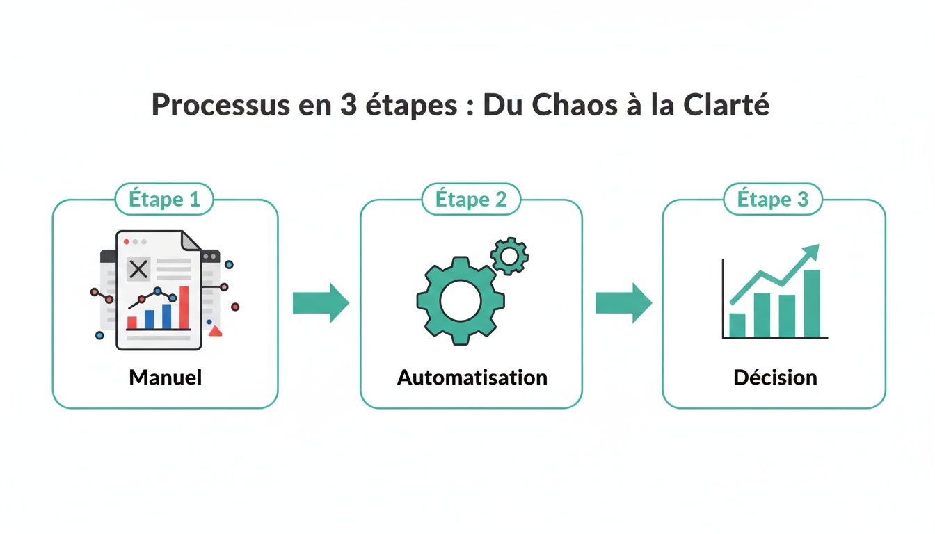 Diagramme d'un processus en 3 étapes : manuel, automatisation, décision, pour passer du chaos à la clarté.