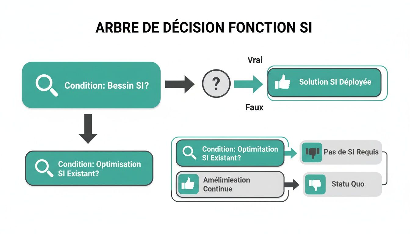 Un arbre de décision illustrant la logique d'une fonction SI pour l'implémentation et l'optimisation de solutions SI.