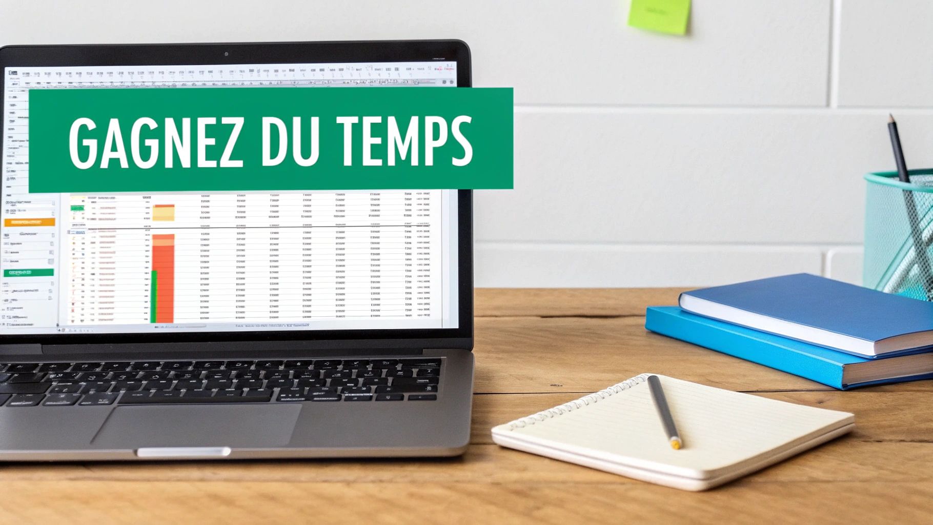 Un ordinateur portable affichant des données et un message vert « GAGNEZ DU TEMPS » sur un bureau en bois.