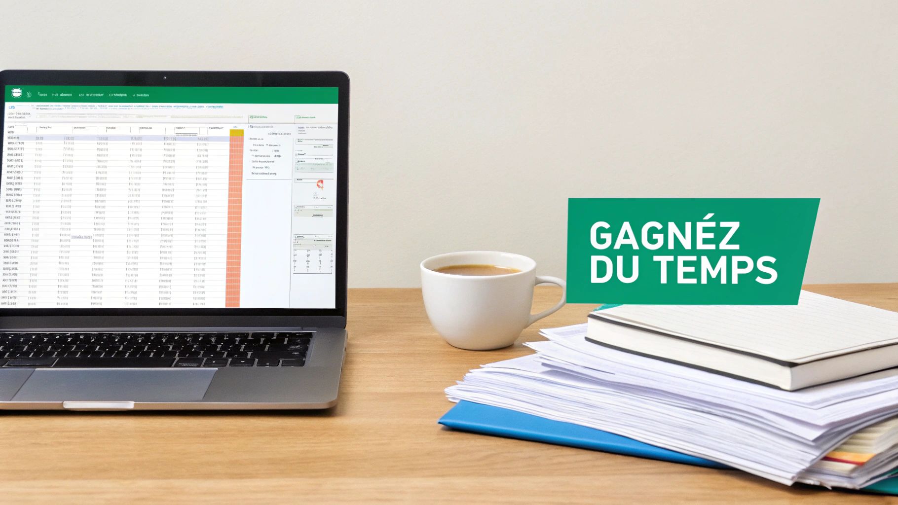 Espace de travail avec ordinateur portable affichant un tableau, tasse de café et documents, avec le message 'GAGNEZ DU TEMPS'.