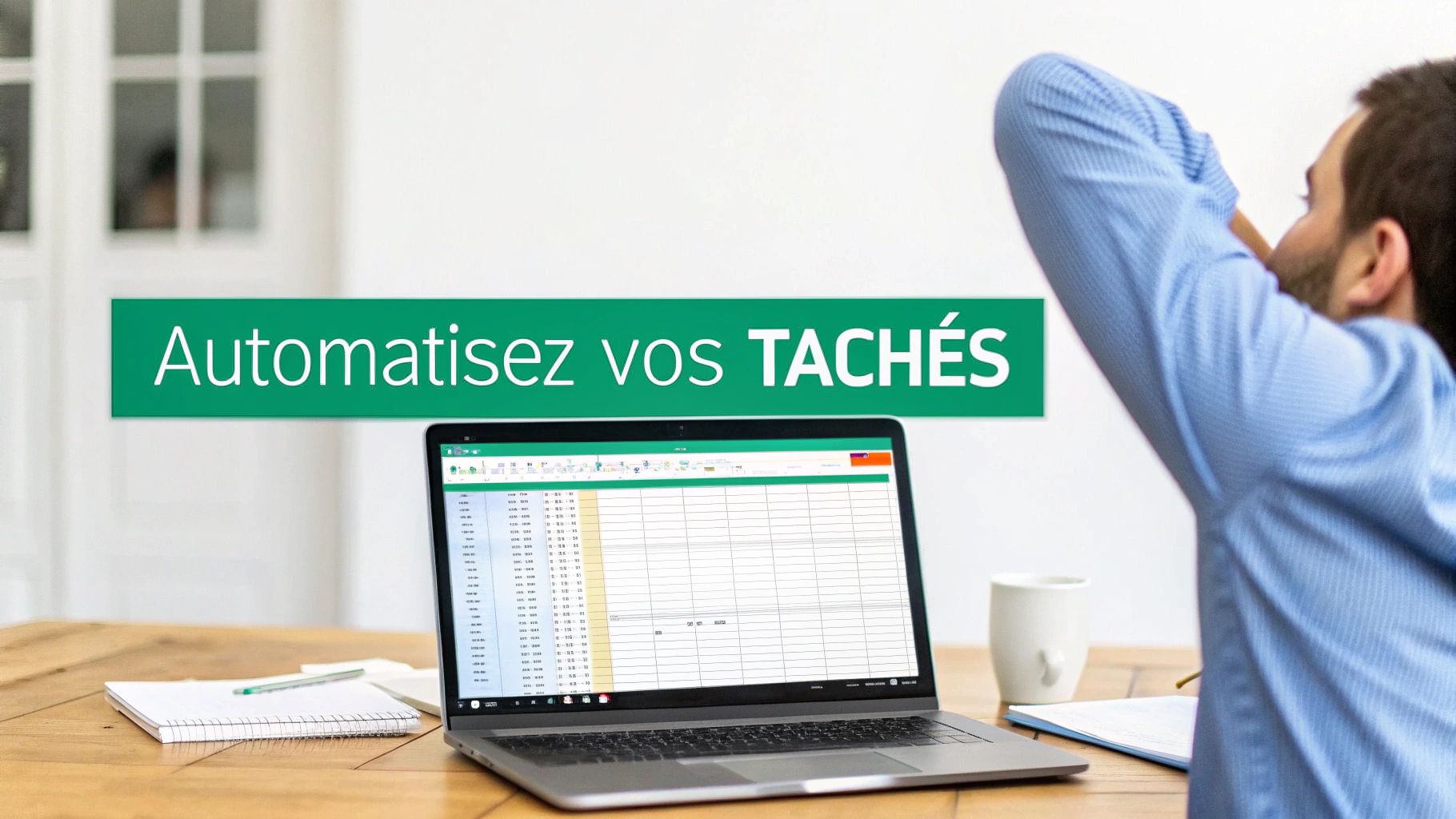 Homme stressé devant un ordinateur portable affichant une feuille de calcul, avec le texte "Automatisez vos TACHÉS" en surimpression.