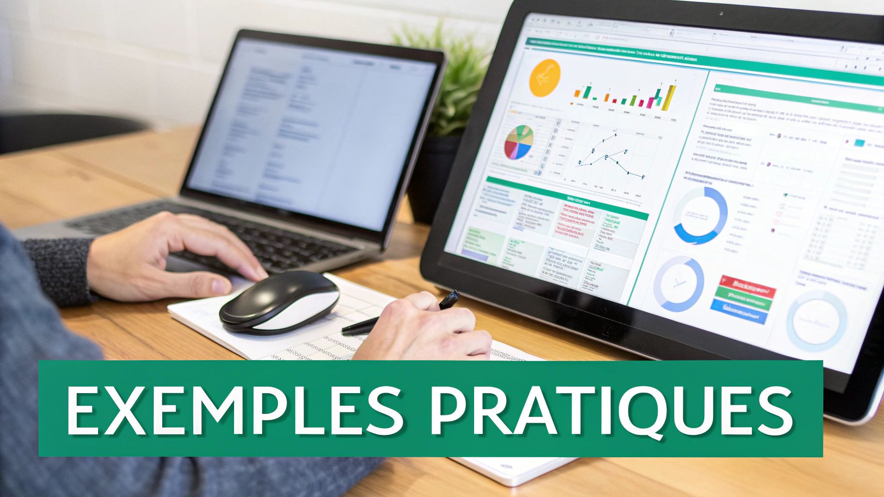 Personne analysant des données sur deux écrans d'ordinateur, avec des graphiques et le texte 'EXEMPLES PRATIQUES'.