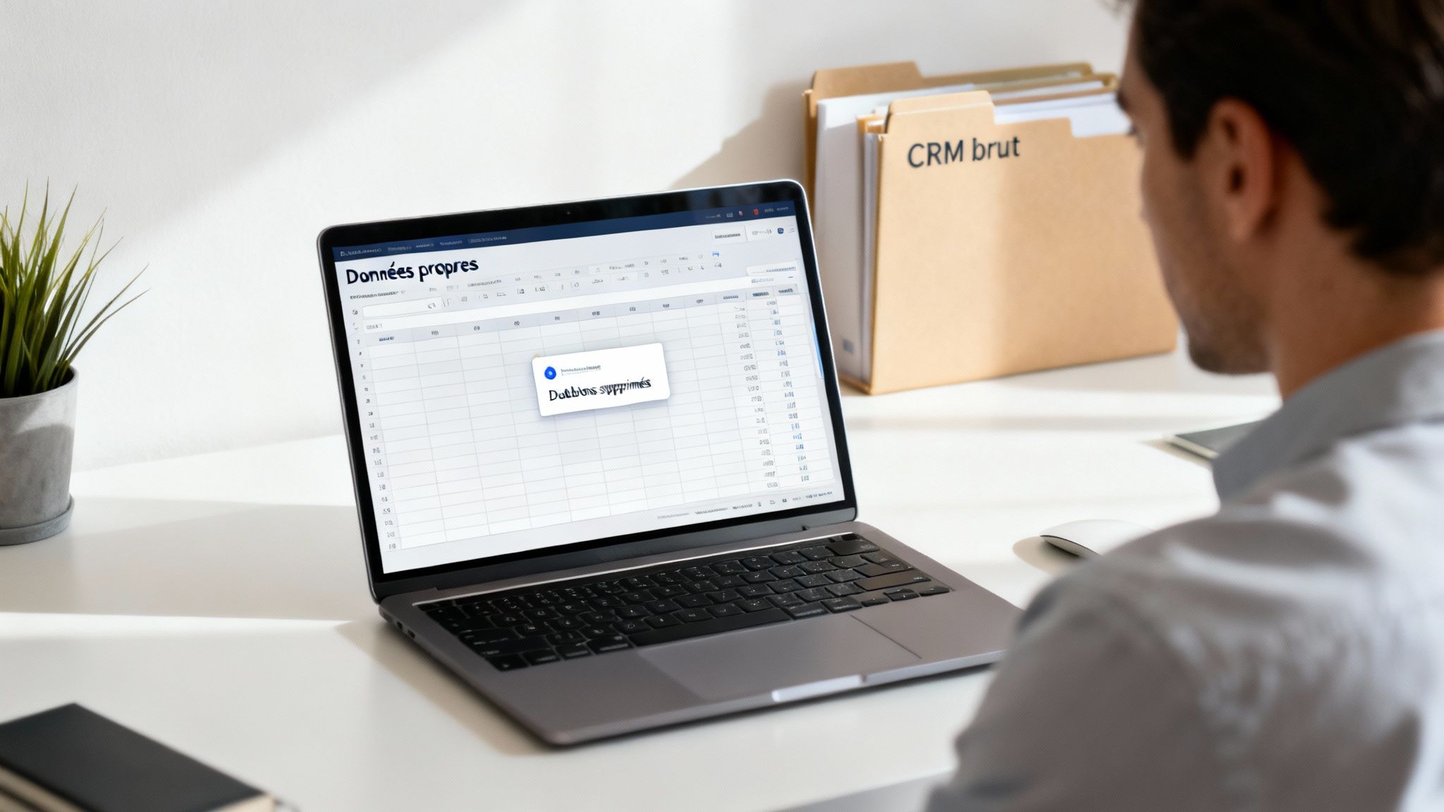 Un homme gère des données sur un ordinateur portable, un message "Doublons supprimés" s'affiche à l'écran.