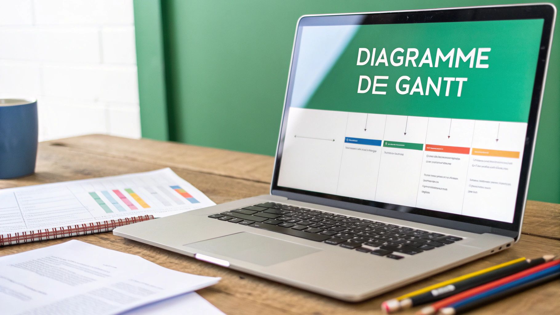 Ordinateur portable affichant un diagramme de Gantt sur un bureau en bois avec des documents et des crayons.