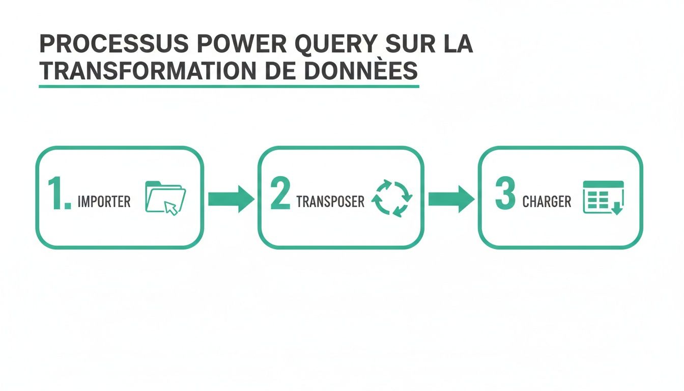Illustration des étapes clés du processus Power Query pour la transformation de données : importer, transposer et charger.