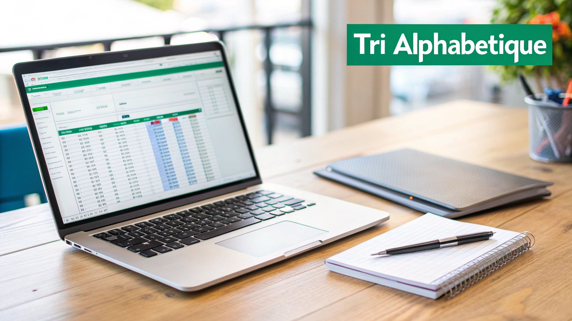 Un ordinateur portable affiche un tableau Excel avec des données et le titre « Tri Alphabétique » sur un bureau en bois.