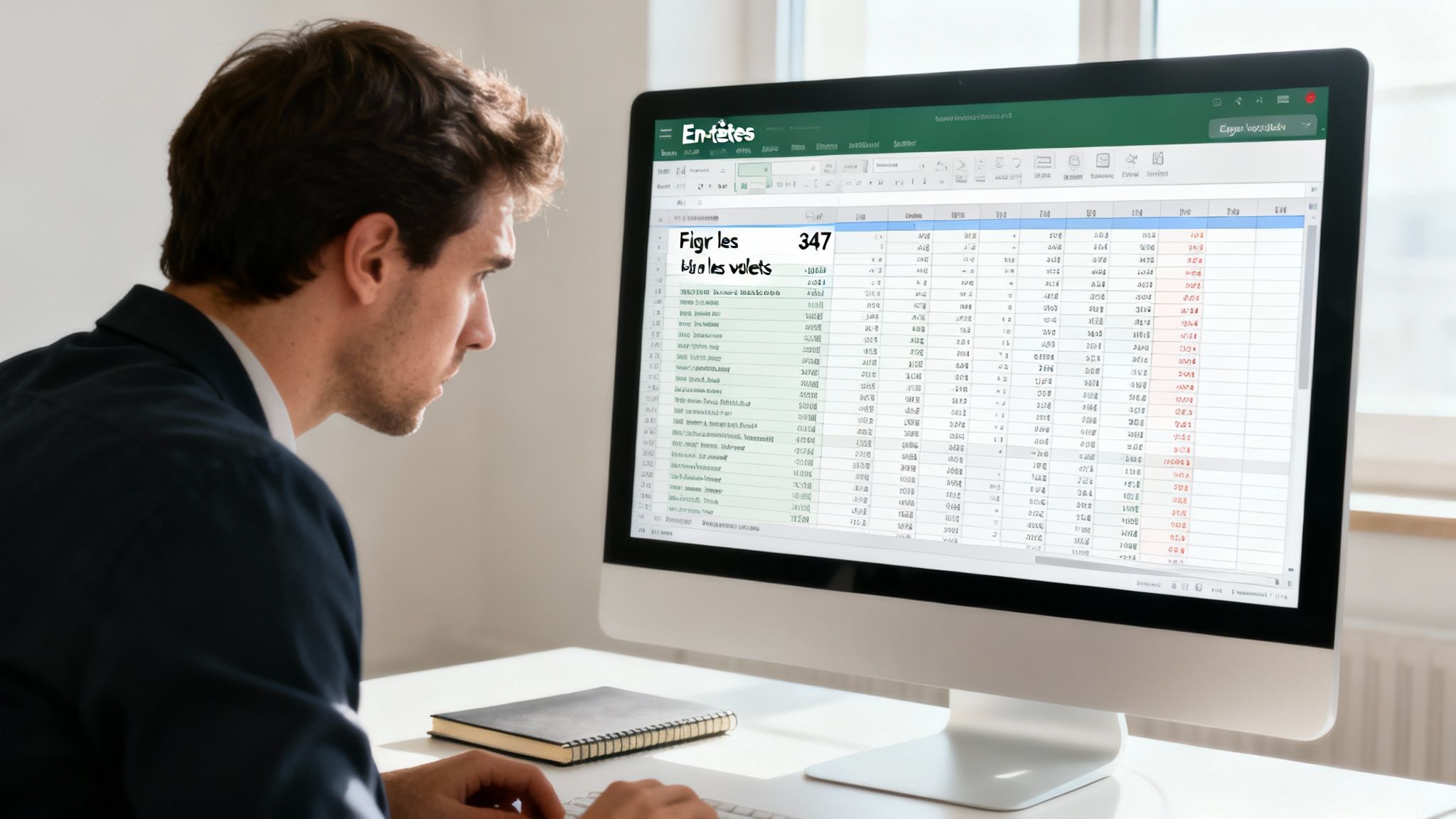 Un homme concentré travaille sur un tableau Excel, affichant la fonction « Figer les volets ».