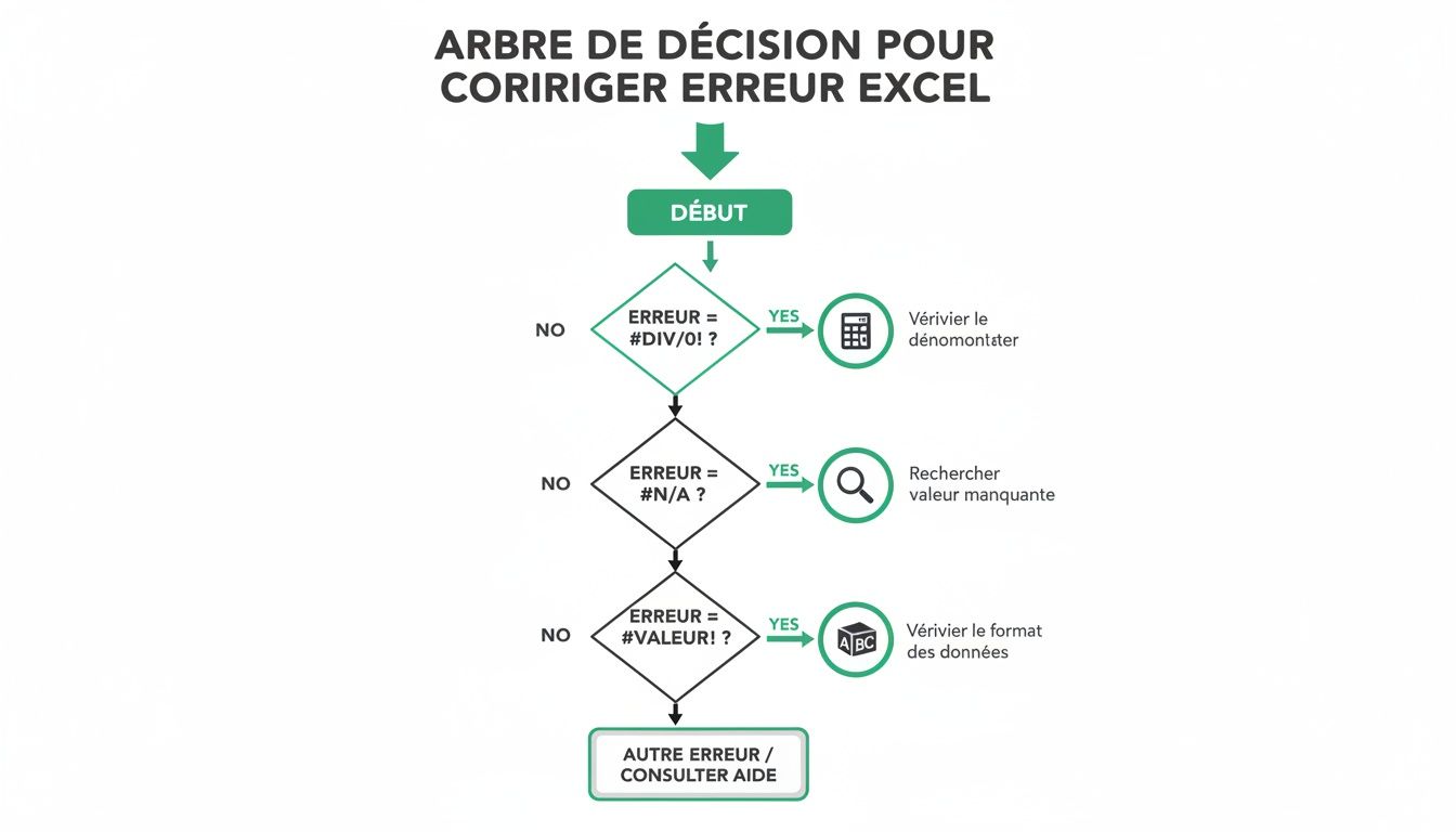 Un arbre de décision détaillant les étapes pour corriger différentes erreurs Excel comme #DIV/0!, #N/A, et #VALEUR!.