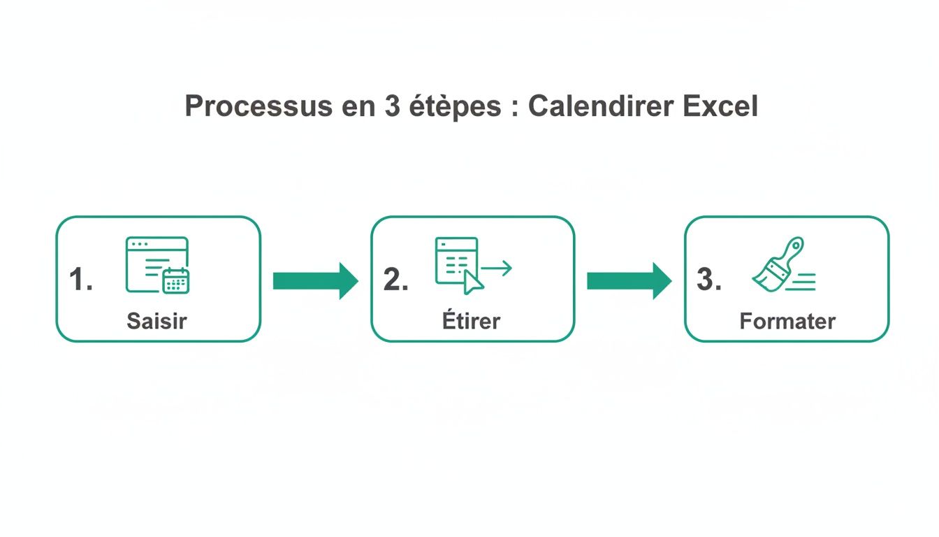 Diagramme de processus en 3 étapes pour créer un calendrier Excel : Saisir, Étirer, Formater.