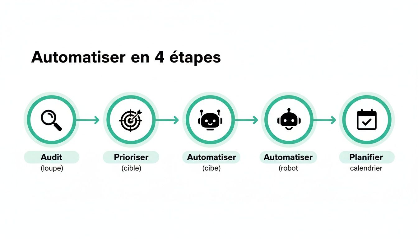 Diagramme illustrant les 4 étapes clés de l'automatisation : audit, priorisation, mise en œuvre et planification de processus.