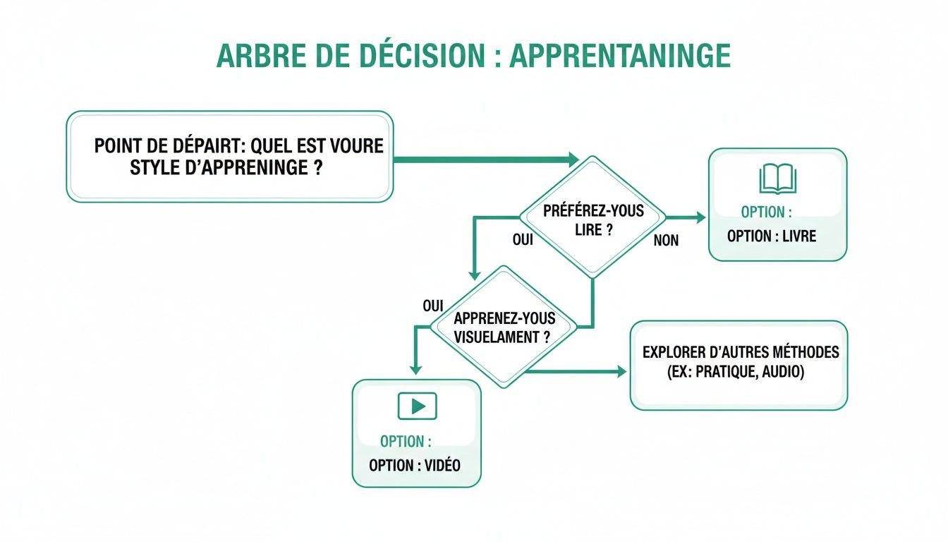 Diagramme d'arbre de décision sur les styles d'apprentissage pour choisir une méthode (livre, vidéo, autres).